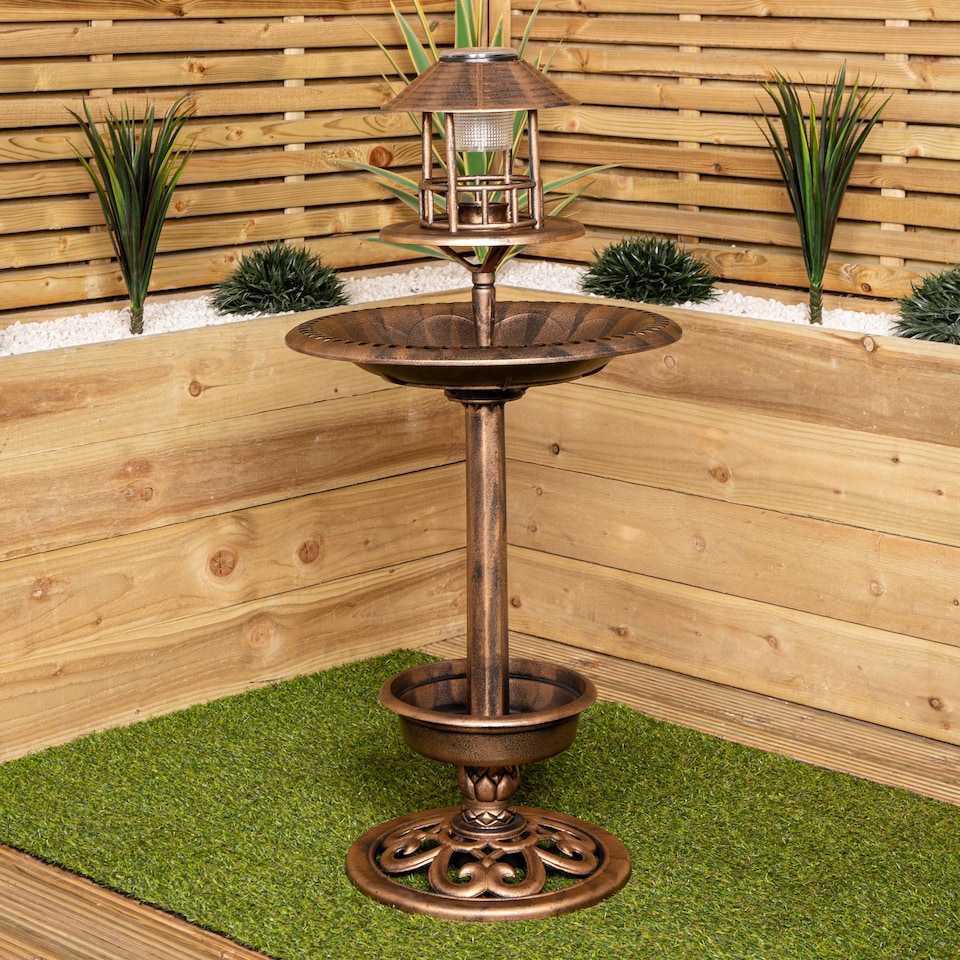 image 1 of 1.1m Bronze Effect Resin Garden Bird Bath & Table with Solar Light | Bronze | Bronze