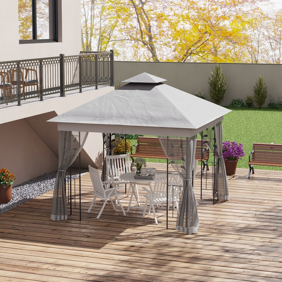image 1 of Outsunny 3m x 3m Garden Gazebo, Double Roof Outdoor Gazebo Canopy Shelter with Netting, Solid Steel Frame, for Garden, Lawn and Deck, Light Grey