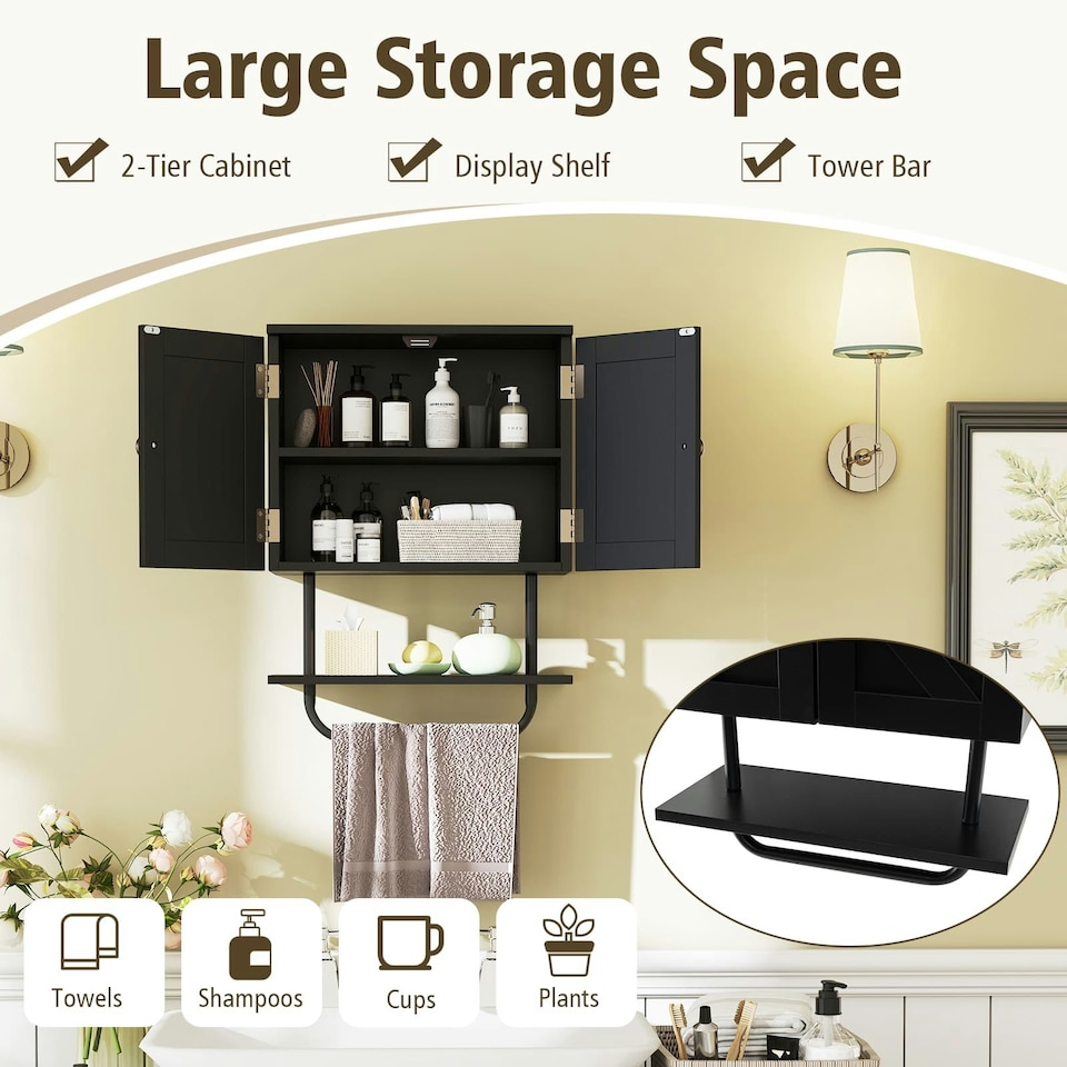 image 1 of COSTWAY Bathroom Cabinet Wall-Mounted Medicine Cabinet Black Black