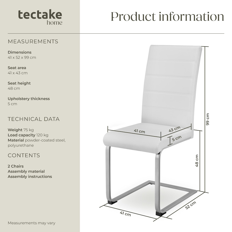 image 1 of Dining Chairs - cantilevered, high backrest, flat steel frame - Set of 2 White