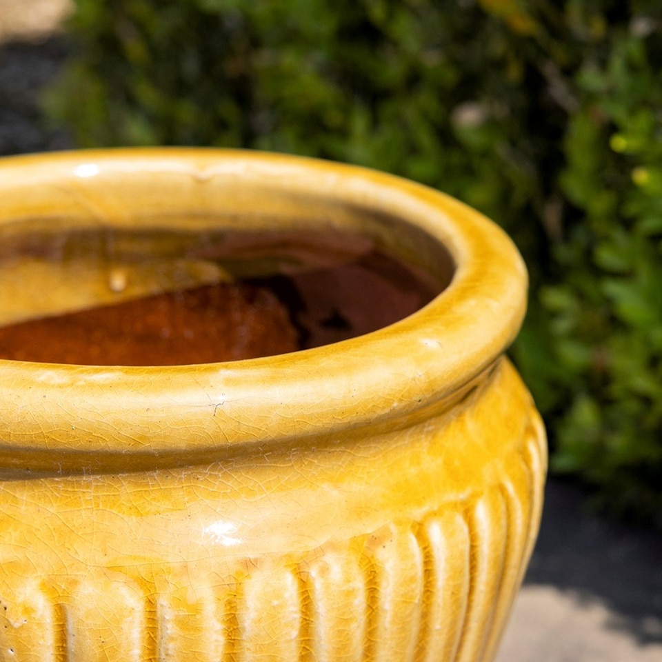 image 1 of Primrose Rib Textured Glazed Terracotta Round Planter In Gloss Yellow 22cm