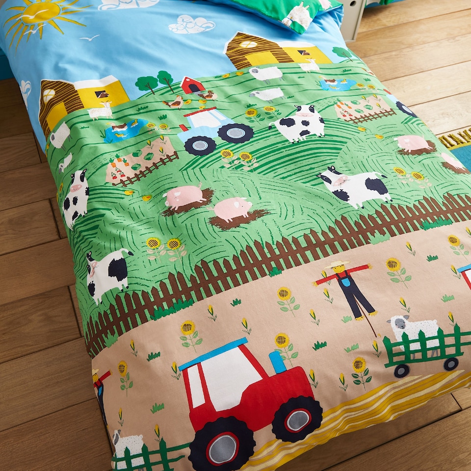 image 1 of Farmyard Animals Reversible Duvet Cover Set | Blue