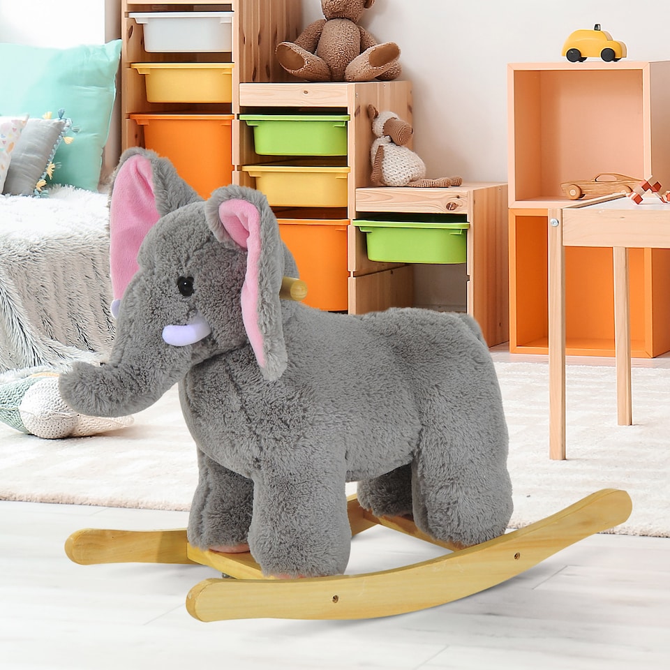 image 1 of HOMCOM Kids Children Rocking Horse Plush Ride on Animal Wooden Riding Traditional Rocker Gift with32 nursery rhymes (Grey Elephant)