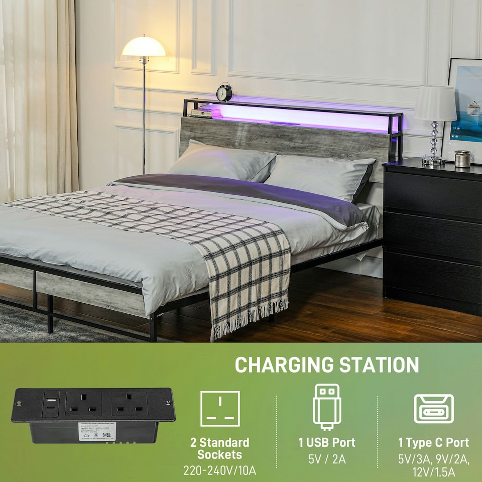 image 1 of HOMCOM LED King Bed Frame with Charging Station, 150 x 200cm, Cement Grey