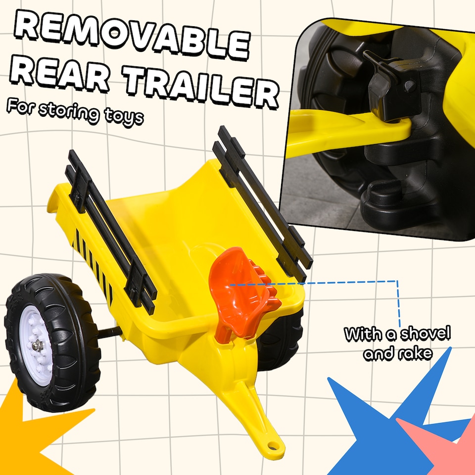 image 1 of HOMCOM Kids Ride on Tractor with Back Trailer, Shovel & Rake, Horn, Four Wheels Tractor Toy for Child Toddler