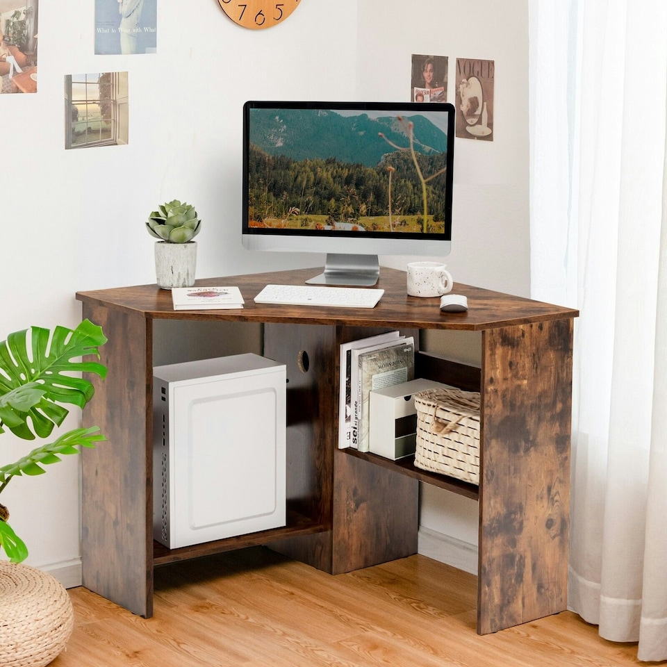 image 1 of COSTWAY Corner Desk Computer Table Workstation w/ Shelves Brown Brown