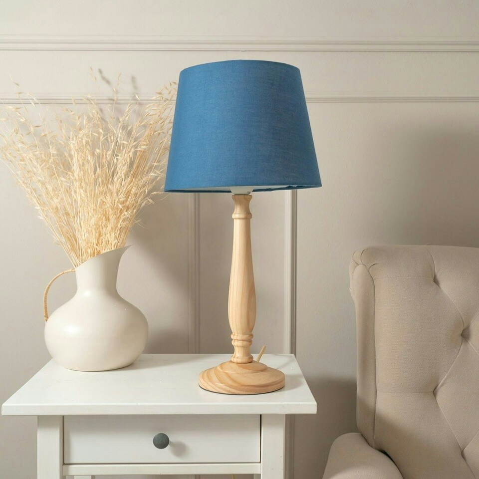 image 1 of ValueLights Victoria Light Wood Traditional Table Lamp with Navy Blue Fabric Tapered Shade and LED Bulb