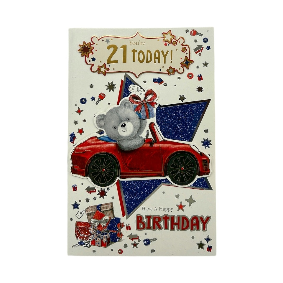 image 1 of Age 21 Teddy In Red Car Design Birthday Card