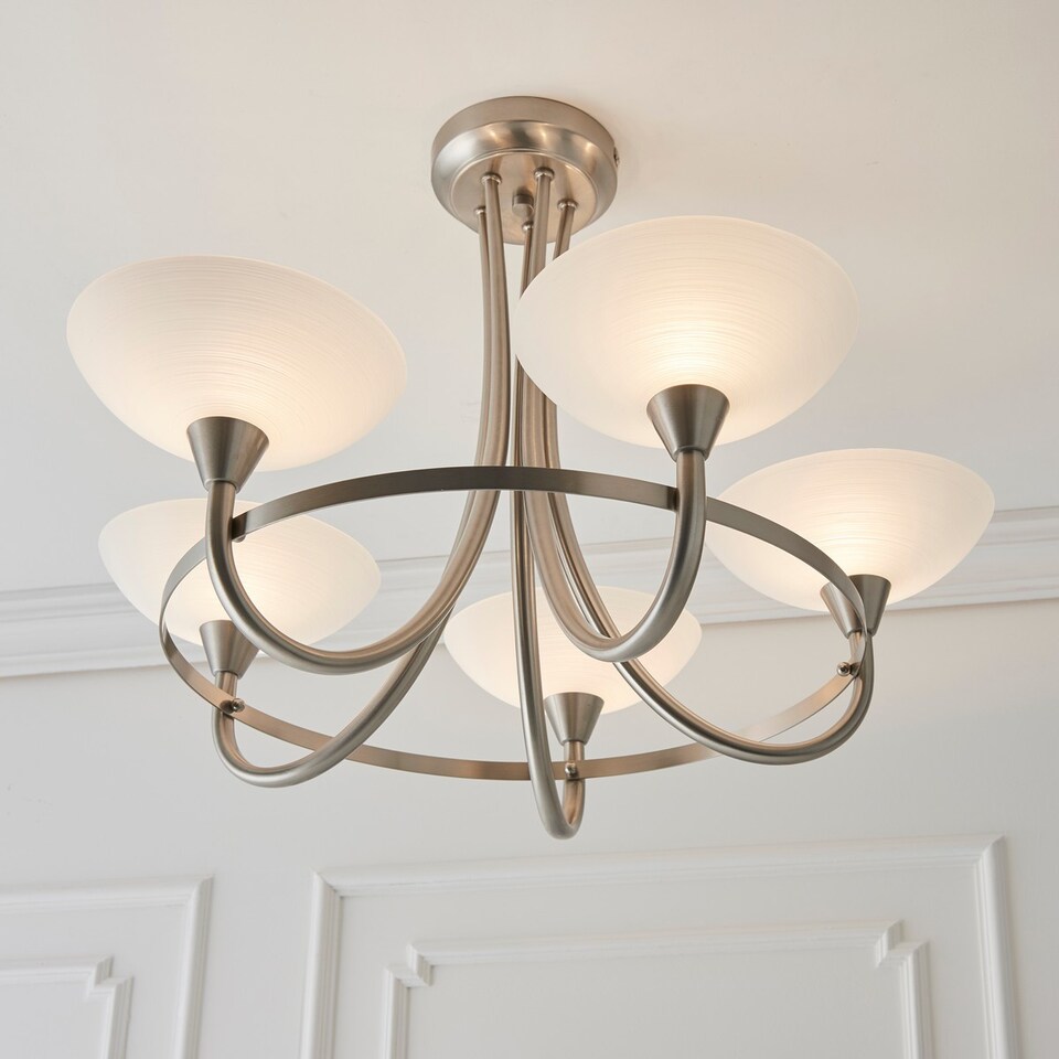 image 1 of Cagney 5 Light Semi Flush Multi Arm Ceiling Light Satin Chrome, White Painted Glass with Faint Line Pattern, G9