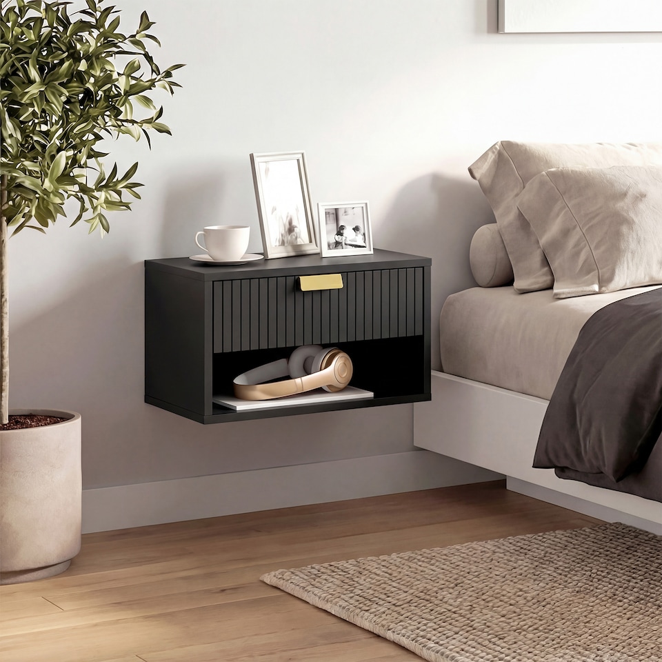 image 1 of HOMCOM Floating Bedside Tables Set of 2 with Fluted Drawer Open Shelf | Black | Black | 40W x 30D x 25H cm