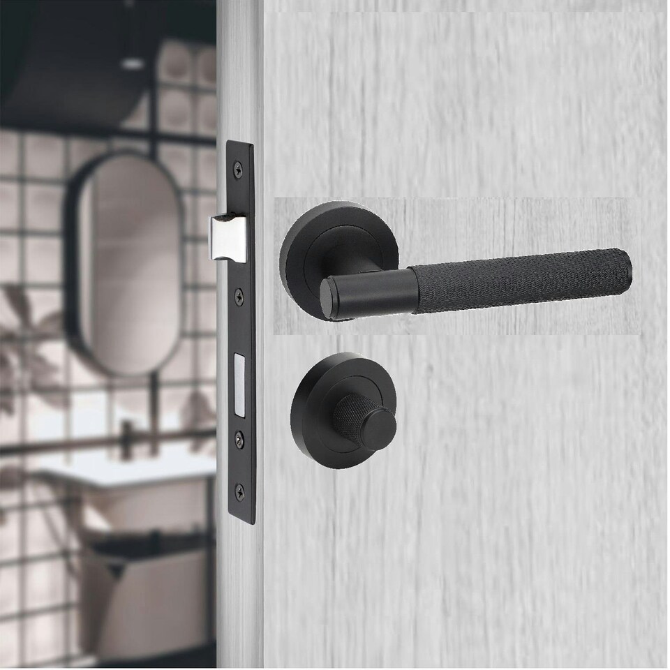 image 1 of Golden Grace Knurled T-Bar Bathroom Door Handle Set in Matt Black with Thumbturn and Mortise Lock Black
