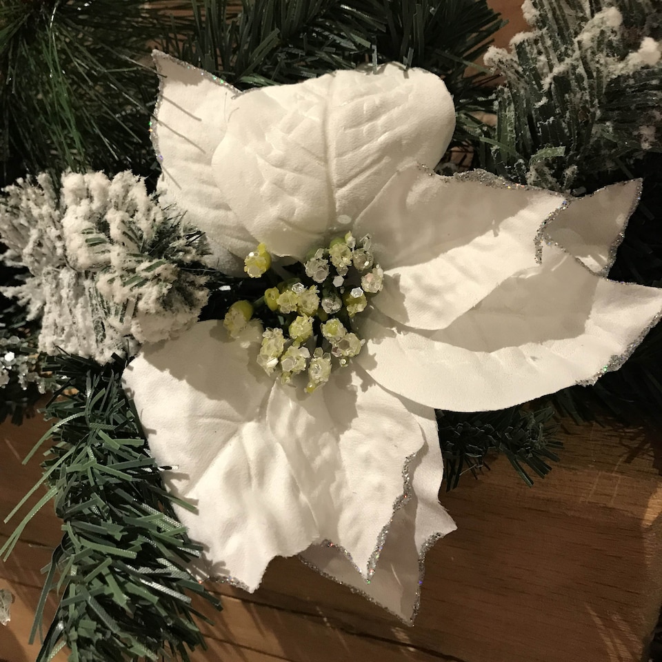 image 1 of 1.8M (6ft) White Poinsettia Christmas Garland Silver Balls Glitter Snow Flocked