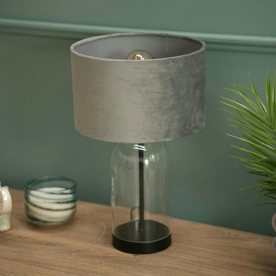 image 1 of ValueLights Jessy Glass and Black Metal Bedside Table Lamp with a Grey Velvet Lampshade