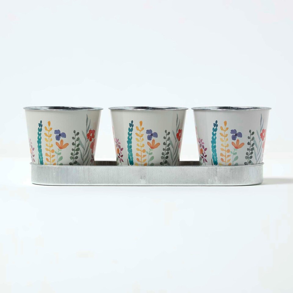 image 1 of Homescapes Set of 3 Herb Pots with Tray, Multi-Coloured Floral Design Multi