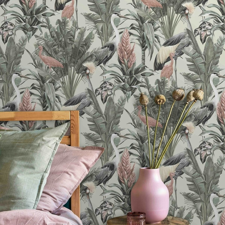 image 1 of World Of Wallpaper Manu Tropical Wallpaper - Cream/Green - 10m x 53cm Cream