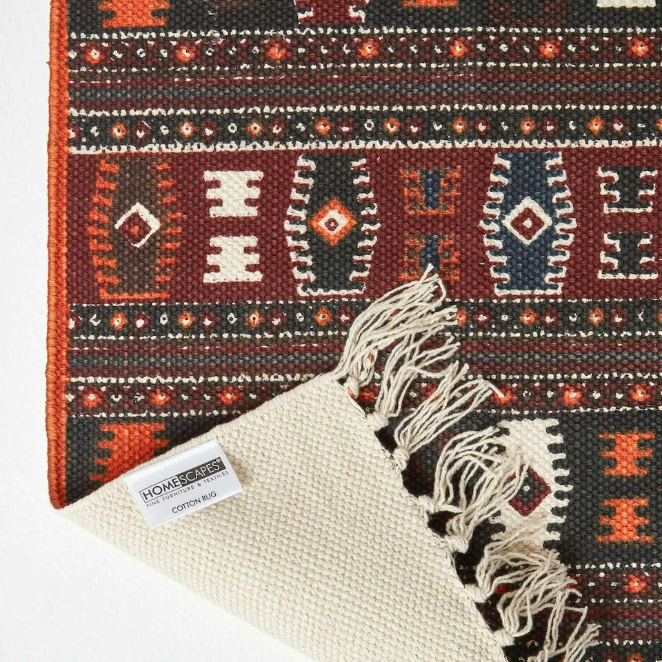 image 1 of Homescapes Terracotta, Black and Brown Cotton Kilim Hall Runner - 66 x 200 cm | Multi | Terracotta, black & brown printed design