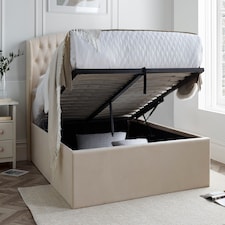 4ft6 Double Velvet Natural ottoman fabric upholstered buttoned storage gas lift up bed frame. Front lift up underbed storeage bed frame