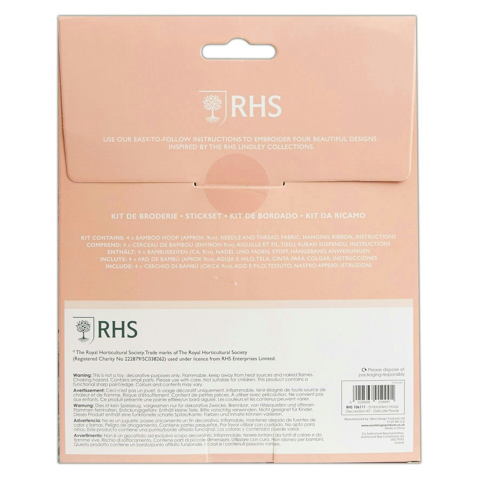 image 1 of RHS Embroidery Hoop Decoration Kit, Miniature Florals, Multicoloured, 9cm
