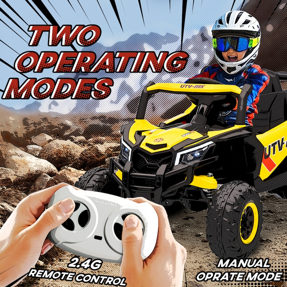 image 1 of AIYAPLAY 12V Kids Ride On Car, Electric Car for Kids UTV with Remote Control, Slow Start, Suspension System, LED Lights, Music, USB Port, for Boys Girls 3-5 Years | Yellow