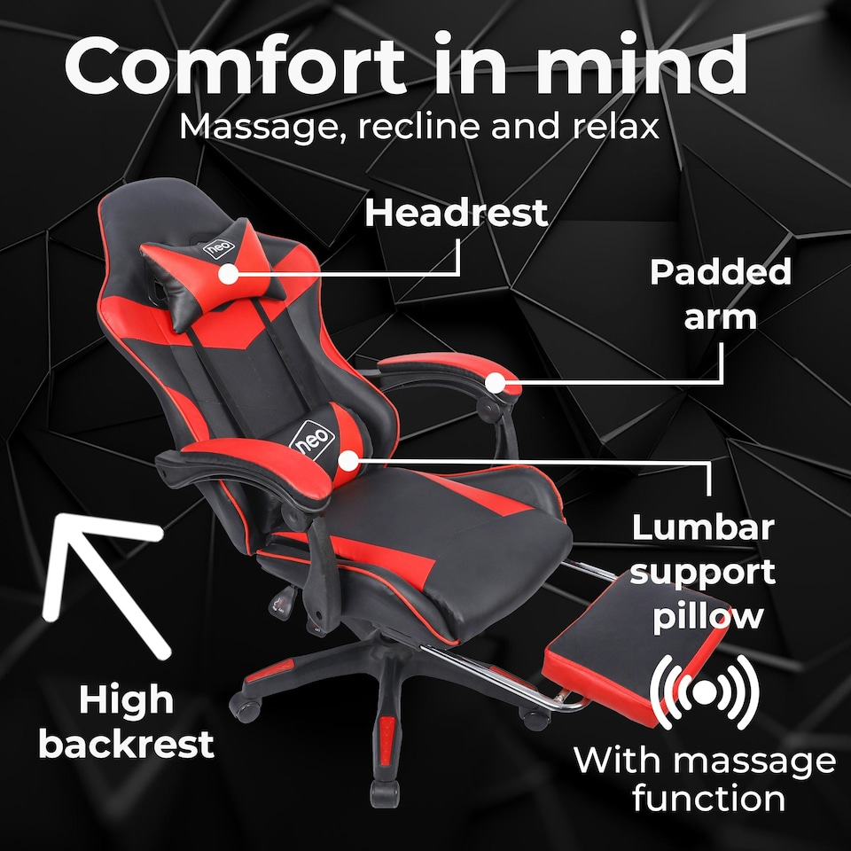 image 1 of Red/Black Massage Leather Gaming Chair with Footrest