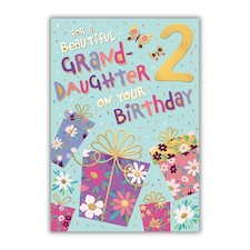 Words 'n' Wishes 2nd Birthday Card for Granddaughter, Patterned & Foiled Letters With Presents, Multicoloured, 23.5 x 16.5 cms