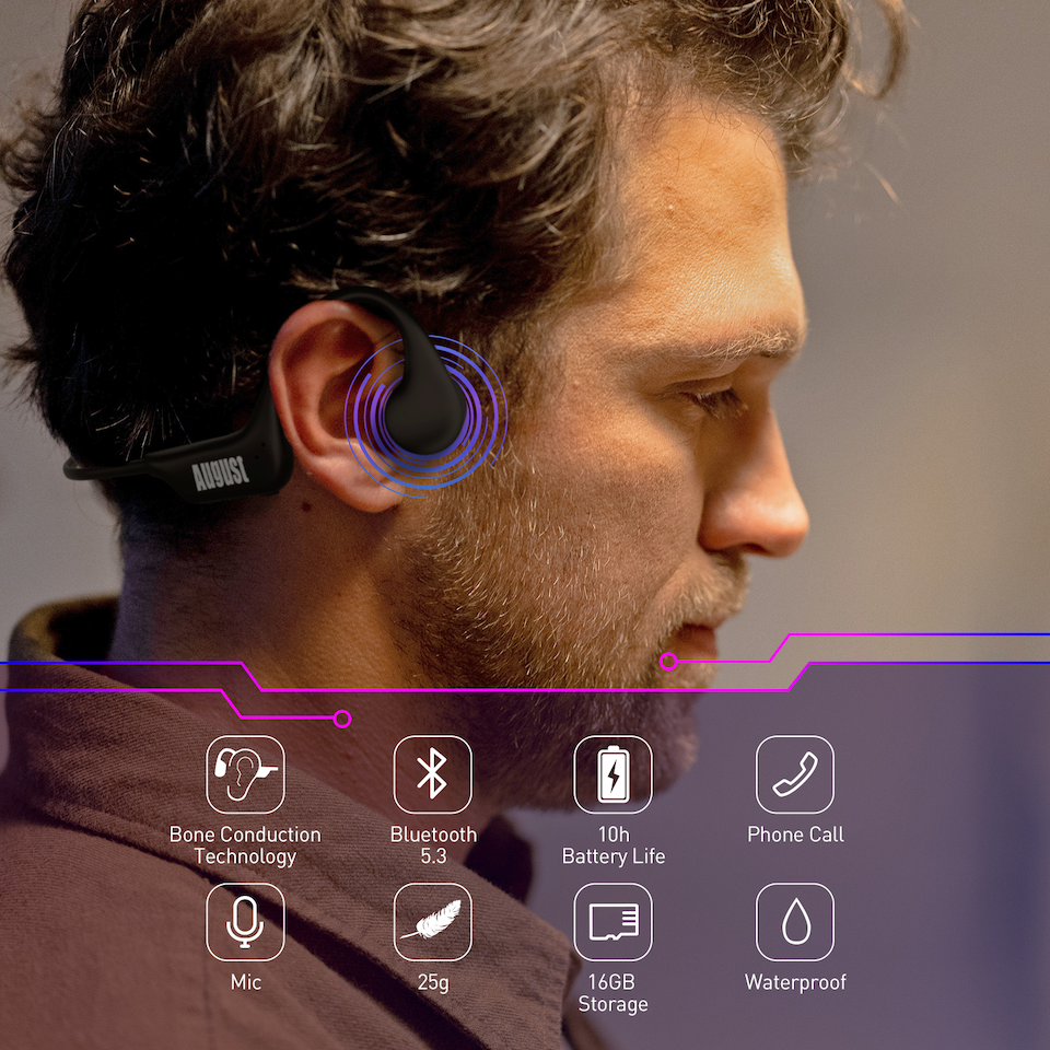 image 1 of Bone Conduction Bluetooth Wireless Headphones Open Ear Sports Earphones with Mic, Hands- Free Calls, Built-in 16GB MP3 Player - August EP400B | Black