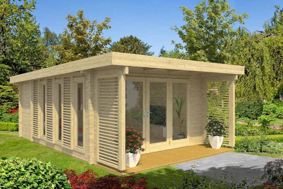 image 1 of Exeter 1-Log Cabin, Wooden Garden Room, Timber Summerhouse, Home Office - L450 x W674 x H240.99 cm | Brown