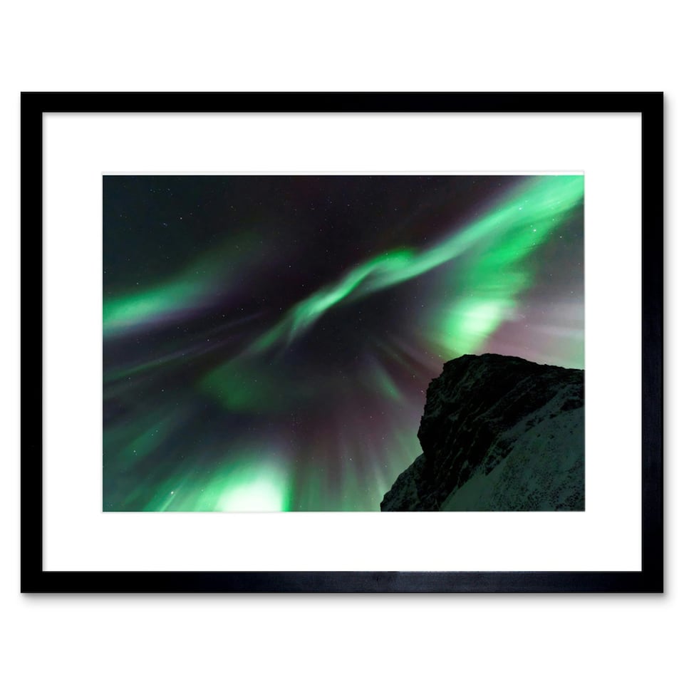 image 1 of Aurora Borealis Northern Lights Sky Mountain Peak 9x7" Black Framed Wall Art Print