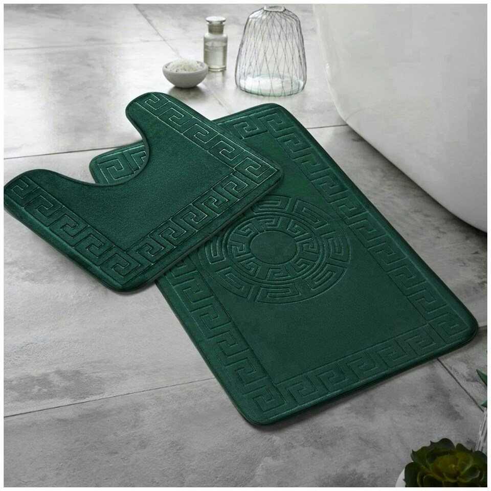 image 1 of VELVETIO Bath Mat Set Greek Pattern Anti Slip Memory Foam Toilet Rug Green