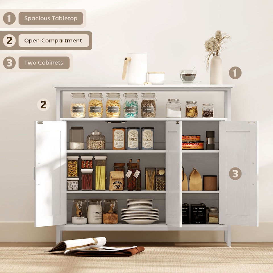 image 1 of HOMCOM Industrial Kitchen Sideboard with Open Shelf & 2 Cabinets, White | White
