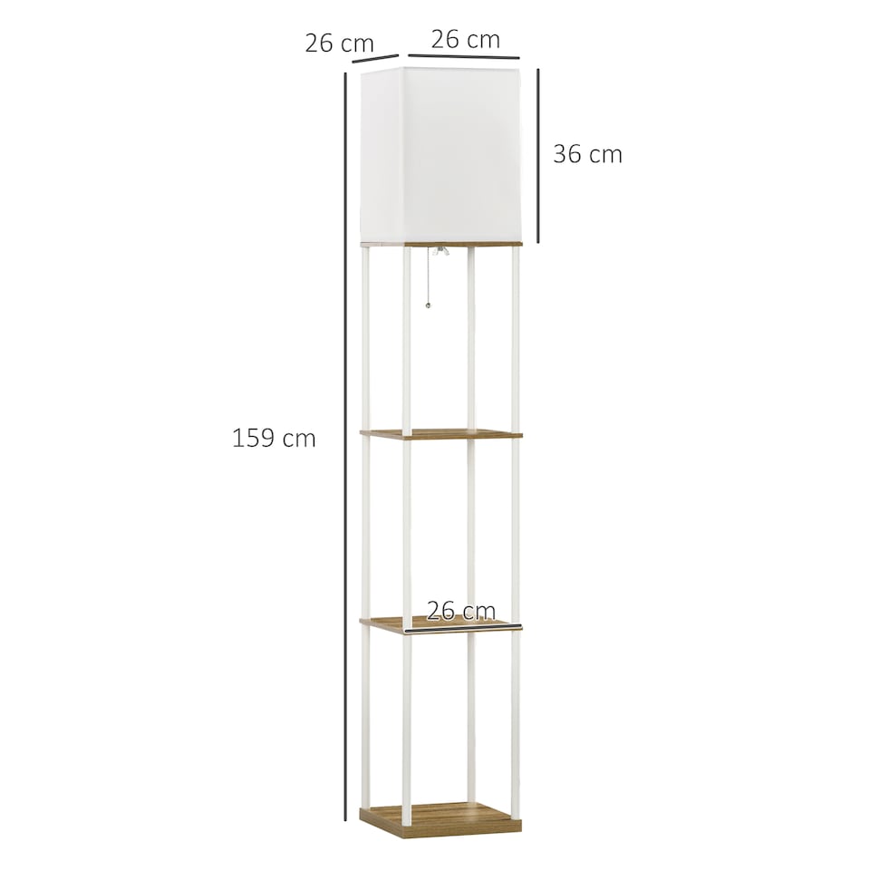 image 1 of HOMCOM Modern Floor Lamp with Shelves, 3 Layer Shelf Tall Standing Lamp with Fabric Lampshade, Pull Chain Switch for Living Room, Bedroom, Bulb not Included, White