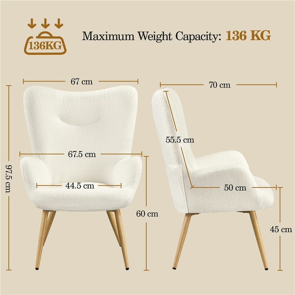 image 1 of Yaheetech Boucle Accent Chair with Wood-tone Metal Legs White | Ivory