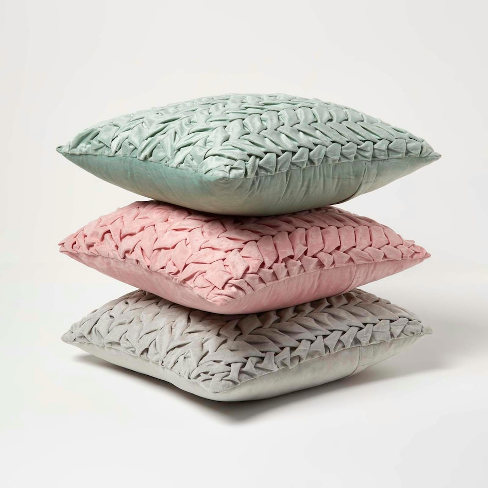image 1 of Homescapes Grace Pleated Pink Velvet Cushion - 45 x 45 cm | Multi | 45 x 45 cm | 1