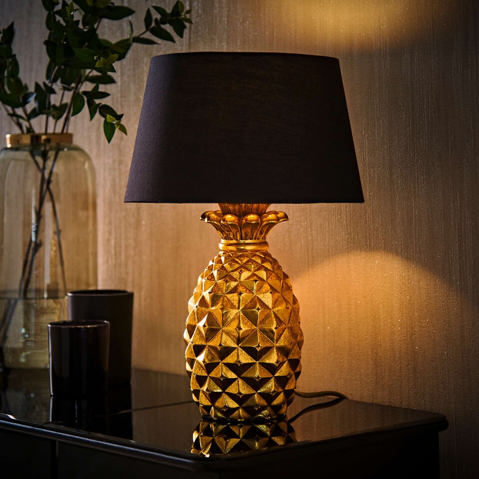 image 1 of ValueLights Pineapple Painted Gold Table Lamp with Small Black Tapered Shade and E14 Golfball LED 4W Warm White 3000K Bulb | Black