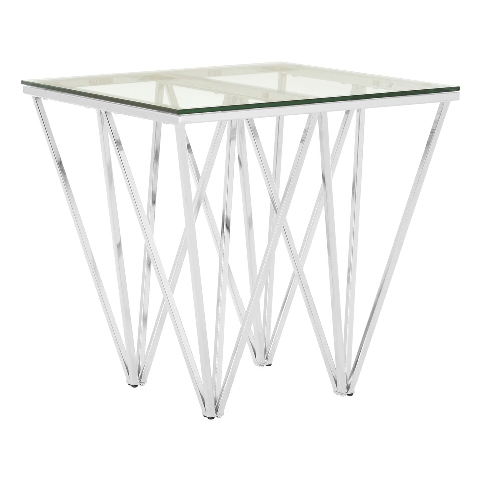 image 1 of Chrome End Table with Triangular Base,Clear Tempered Glass Top Settee Side Table,Metal Design Side Table