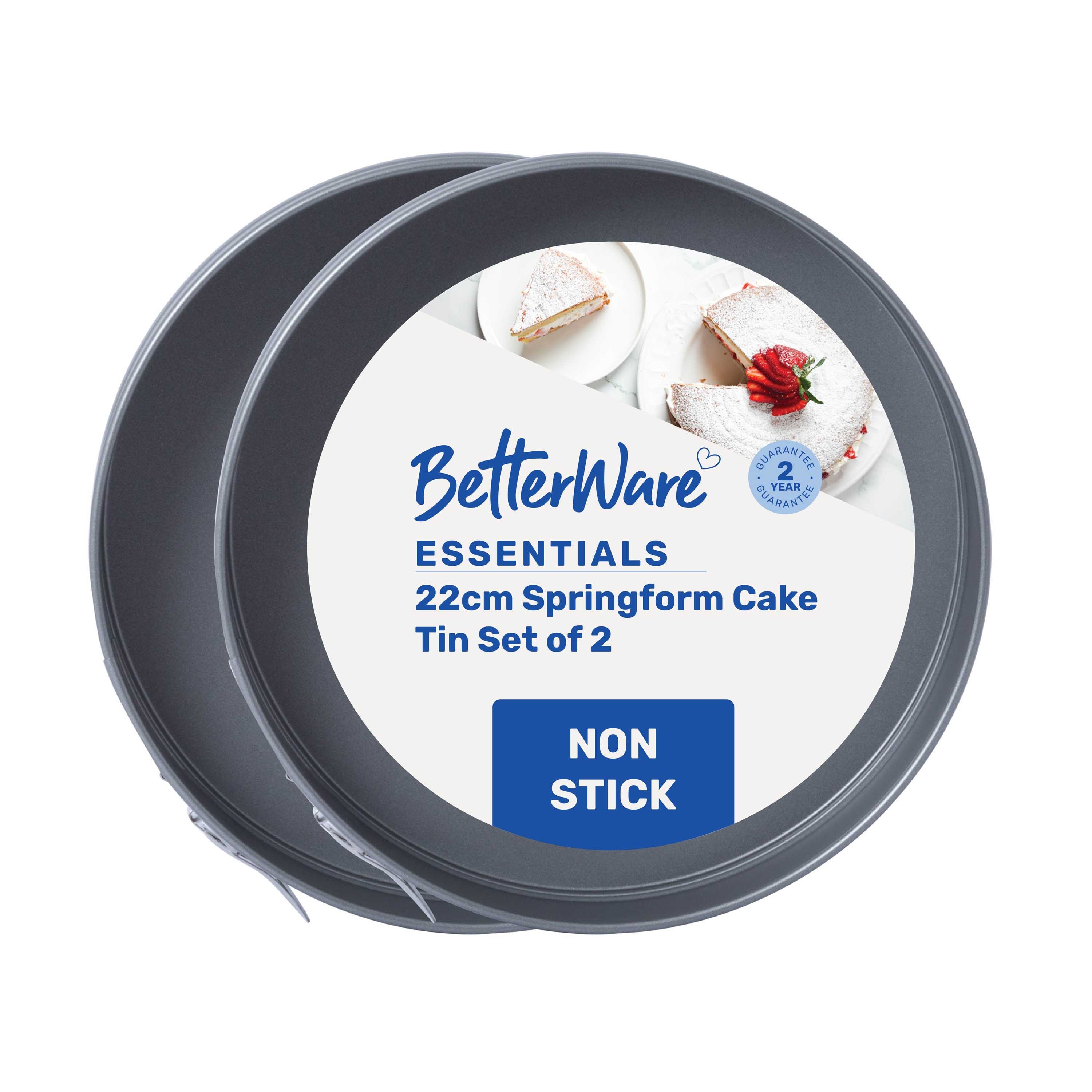Betterware Essentials 2 x 22cm Non-Stick Springform Cake Tins in Silver | Size: 2 x 22 cm