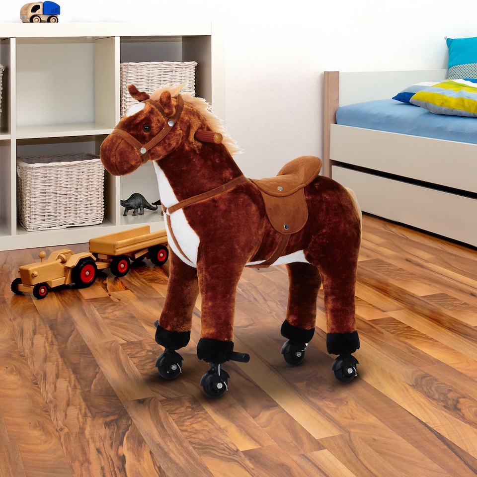 image 1 of HOMCOM Kids Walking Ride on Horse Toy Plush Walk Pony with Wheels Sound