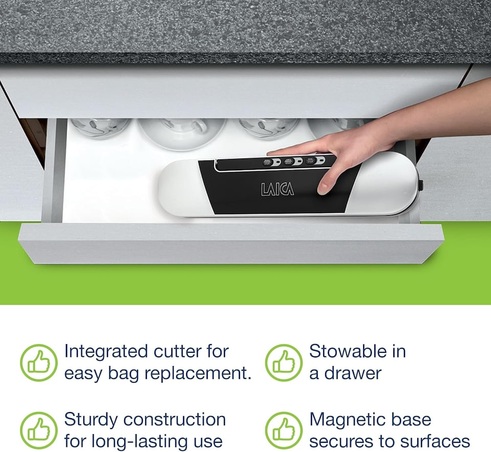 image 1 of LAICA Food Vacuum Sealer Machine Compact VT3205 - Integrated Cutter & Magnetic Base - With Bags