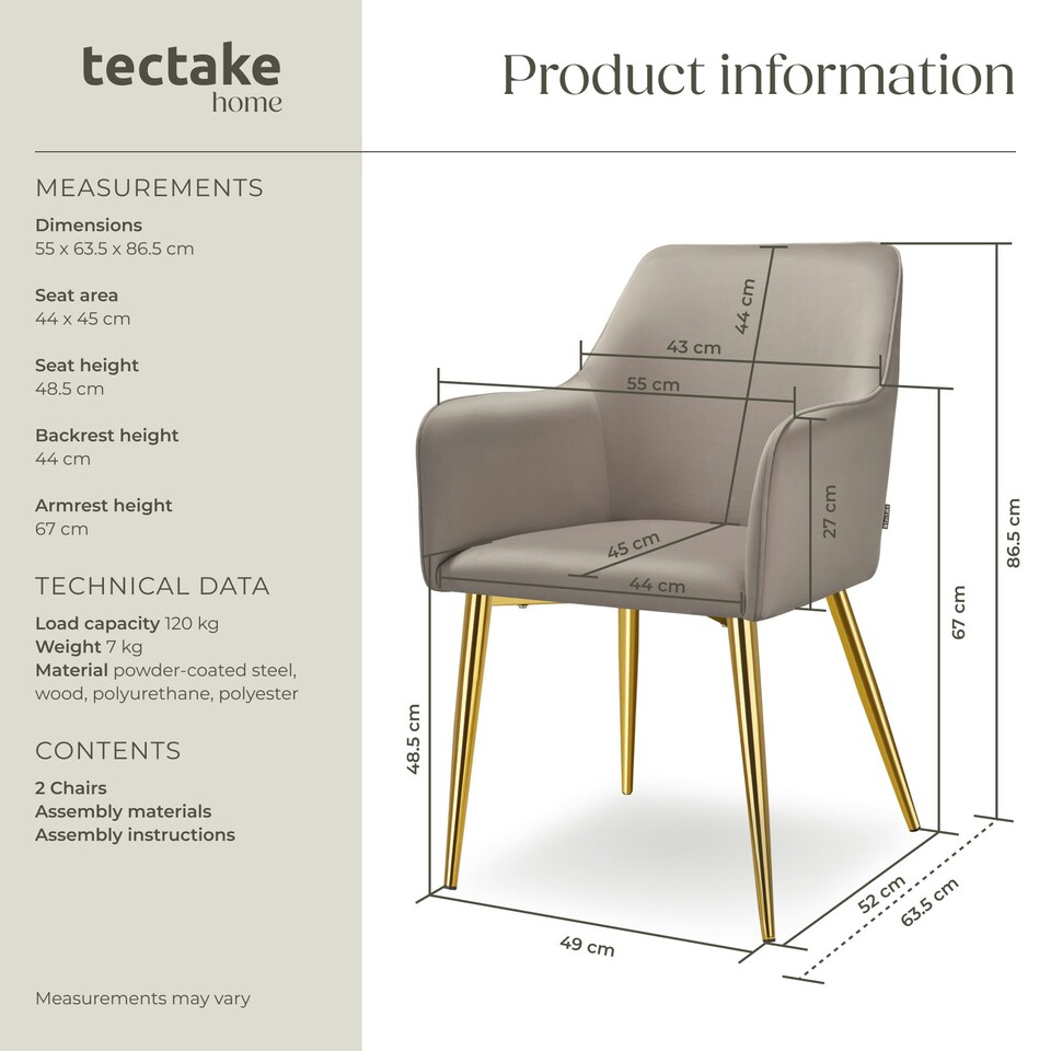 image 1 of Dining Chair Avane - velvet look, padded armchair, high backrest and high armrests - Set of 2 Grey | Taupe