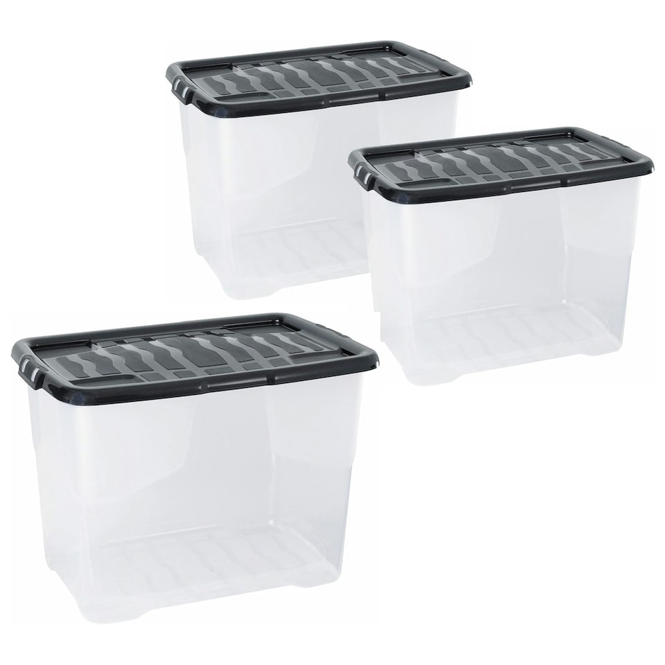image 1 of 3 x 80L Clear Plastic Curve Storage Container With Black Lid Ideal For Home & Office Organisation Clear