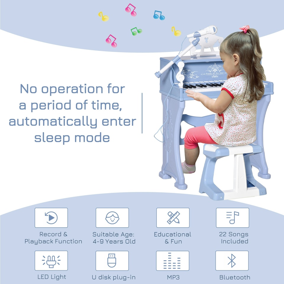 image 1 of HOMCOM 37 Key Keyboard Battery Piano Kids Microphone Stool Educational Game