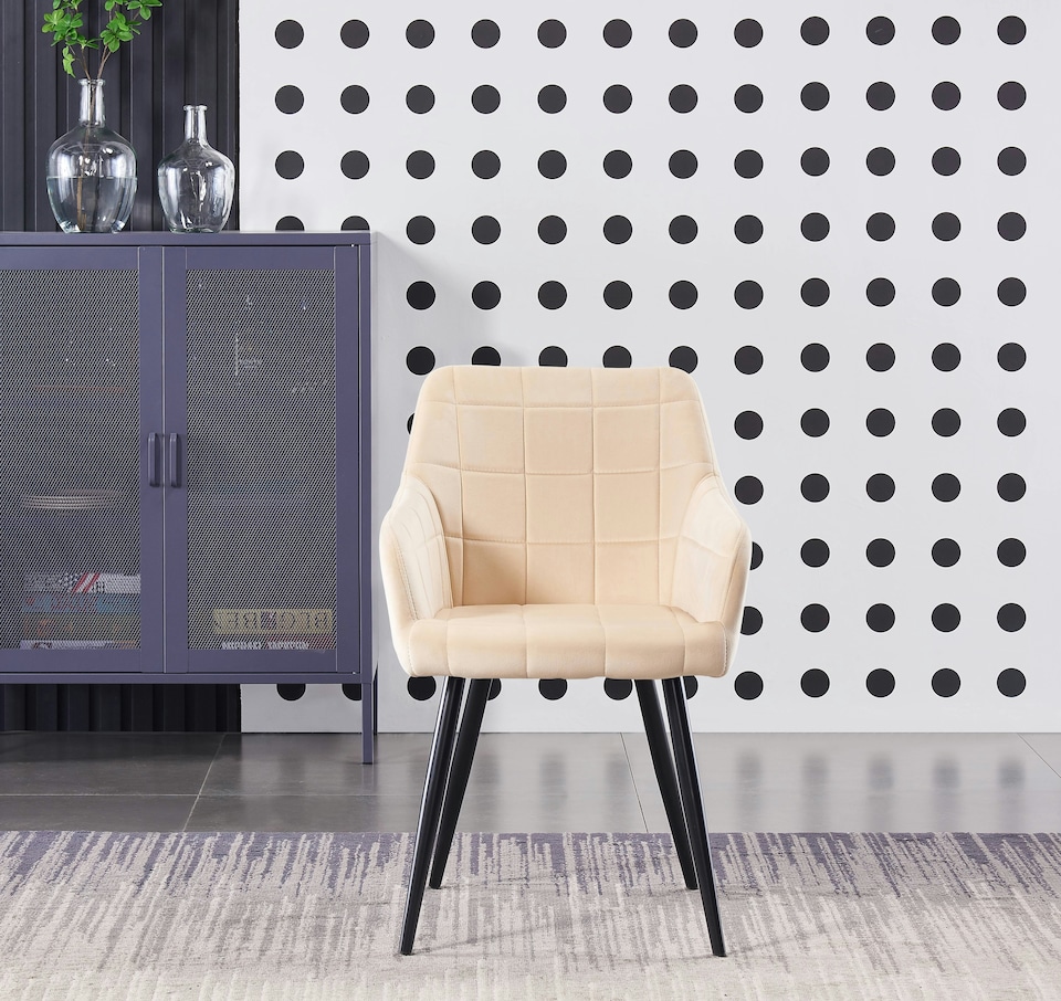 image 1 of Set of 4 Camden Modern Velvet Dining Chairs with Armrests, Quilted Design & Black Metal Legs | Cream