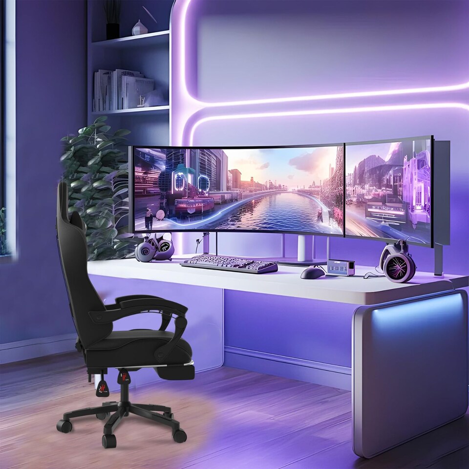 image 1 of Alivio Ergonomic Gaming Chair with Massage Lumbar Cushion & Retractable Footrest, PU Leather Video Game Chair (Black)