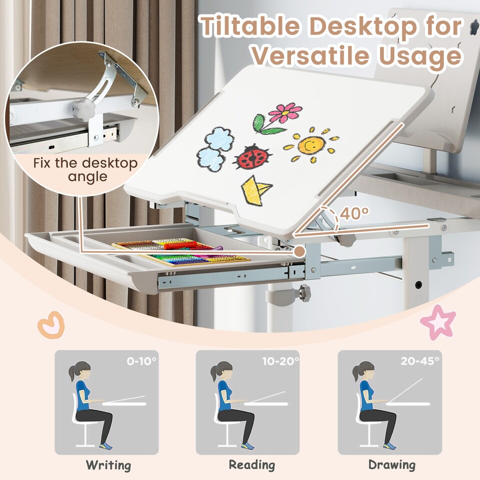 image 1 of COSTWAY Kids  Study Desk & Chair Set Height-Adjustable Children Study Desk-Grey