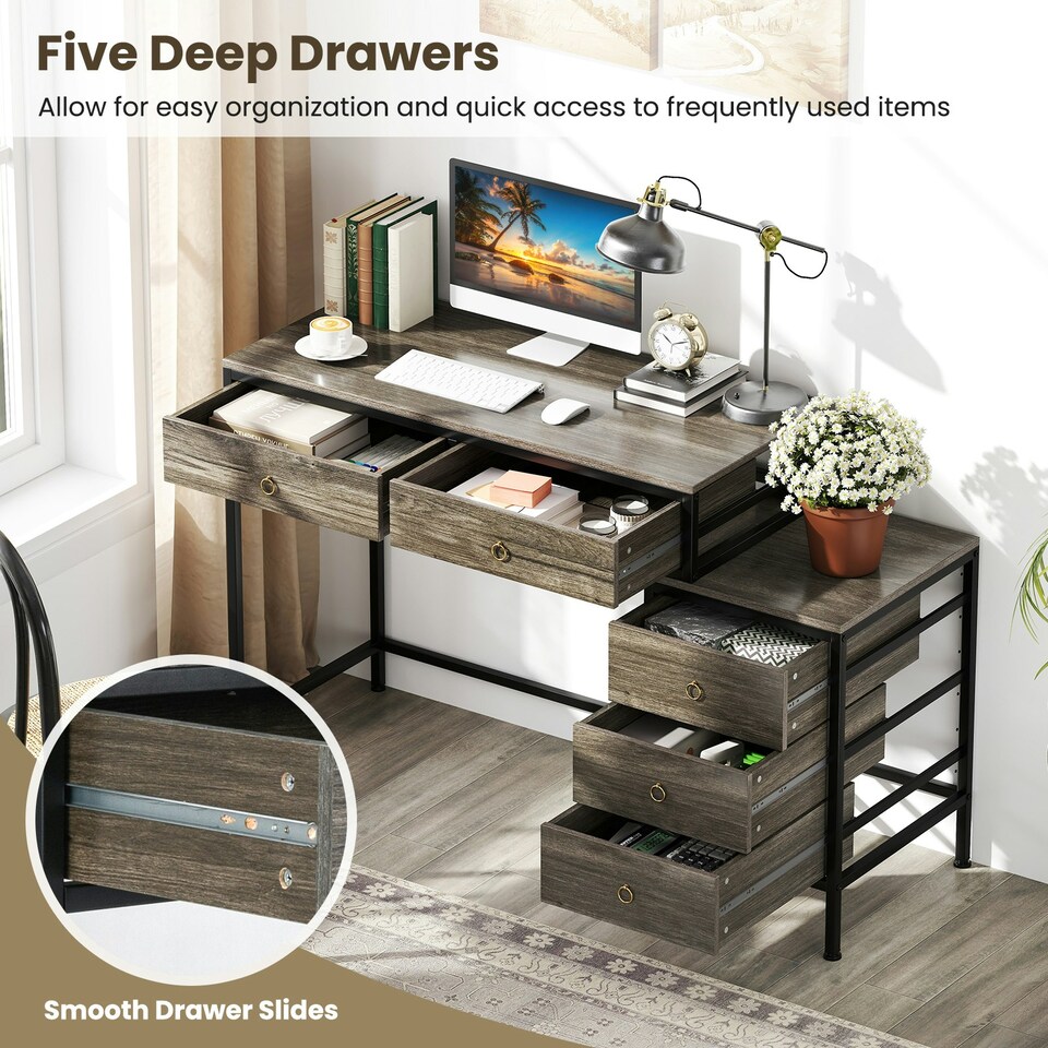 image 1 of COSTWAY Computer Desk with 5 Drawers and Side File Cabinet Grey Grey