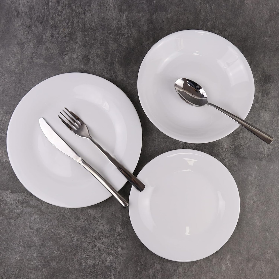 image 1 of White Opal Glass Dinner Set Plates Soup Bowls Dinnerware | White | Aria - Round - 12 Pcs | 12