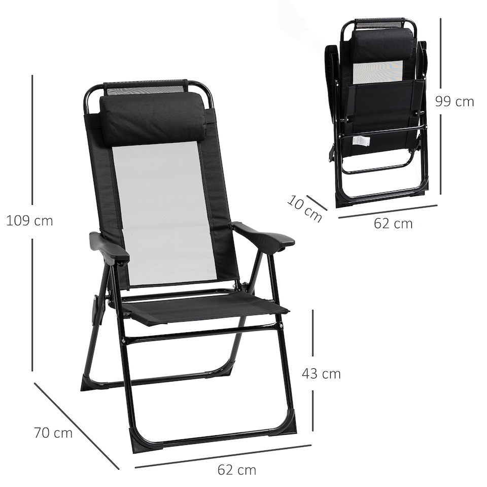 image 1 of Outsunny Garden Chairs Set of 2 Folding Camping Chair Recliners, Black | Black | Black