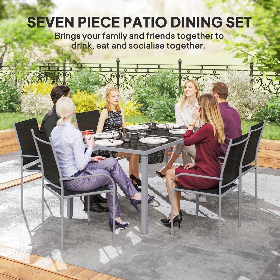 image 1 of Outsunny 7 Piece Garden Dining Set, Outdoor Table and 6 Stackable Chairs, Steel Frame, Tempered Glass Top Table, Mesh Seats, Black