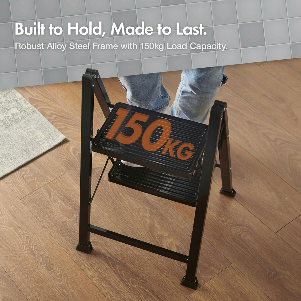 image 1 of VonHaus Slim 2 Step Ladder with Anti Slip Steps and Feet | Black