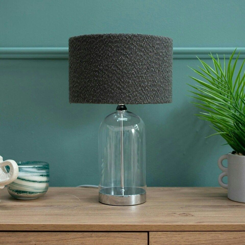 image 1 of ValueLights Jessy Glass and Silver Chrome Metal Bedside Table Lamp with a Charcoal Grey Boucle Lampshade